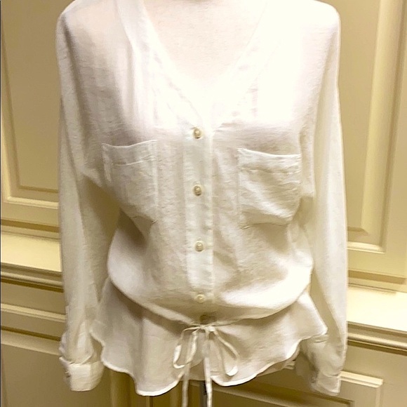 Ann Taylor Loft Cinched Tie Waist V-Neck Top Lightweight Sheer Button Up Size XS - Picture 4 of 8